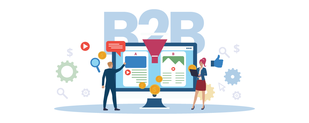 Illustration of a marketing team pointing at a B2B landing page