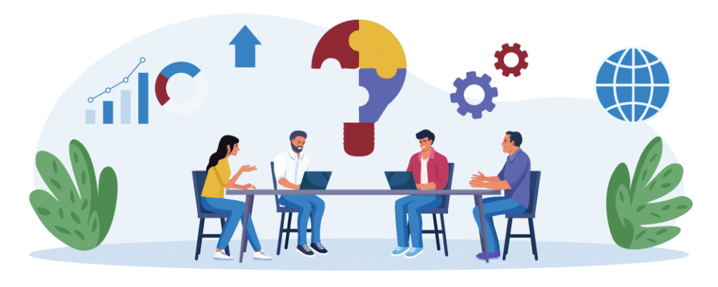 Illustration Of Marketers Sitting At A Table Discussing Marketing Ideas For A Manufacturing Company