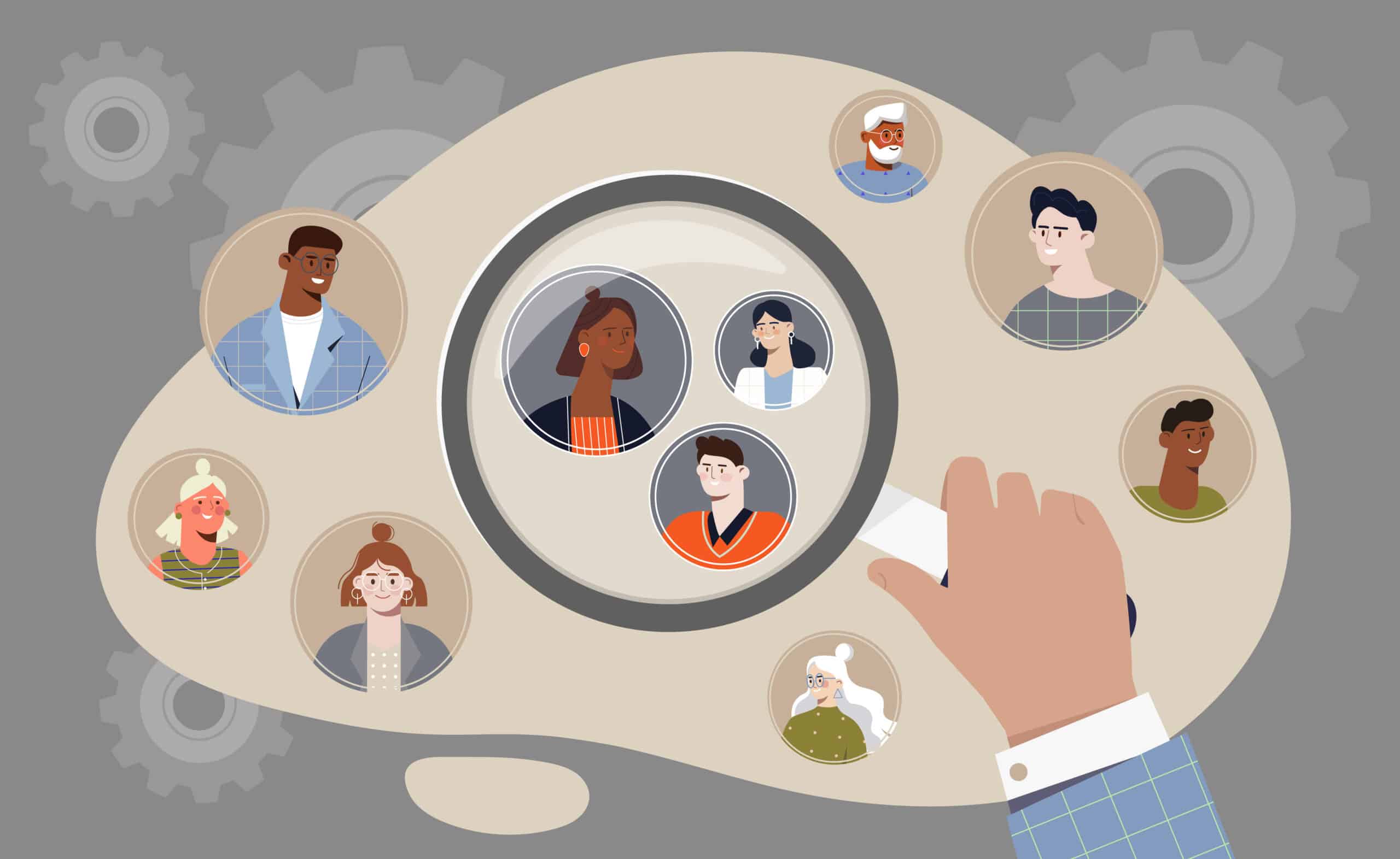Illustration of a hand holding a magnifying glass to find the target audience amongst other segments of potential buyers