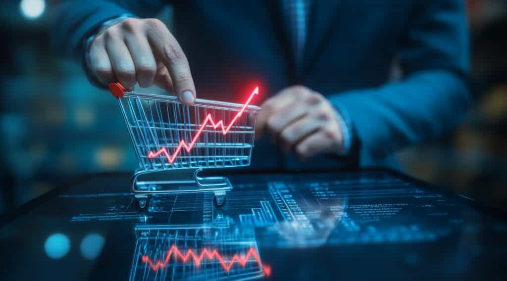 A B2B Sales Rep Analyzing Market Trends While Placing His Finger On A Digital Shopping Cart