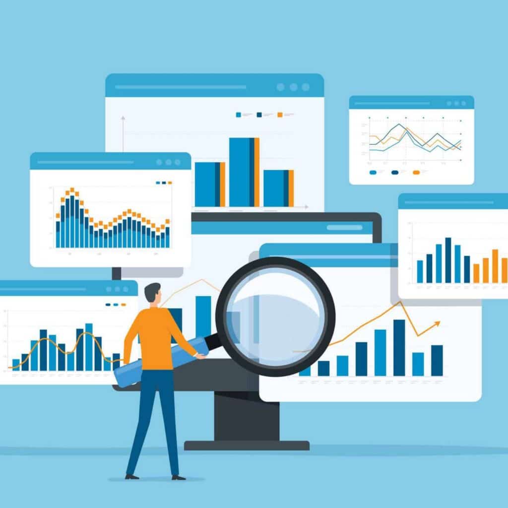 Illustration Of A Person Searching For Pertinent Information In Many Charts And Data