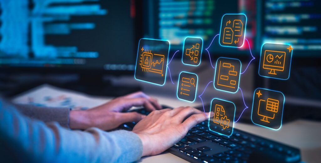 Marketer using various pieces of technology to support AI, SEO, AEO, and GEO