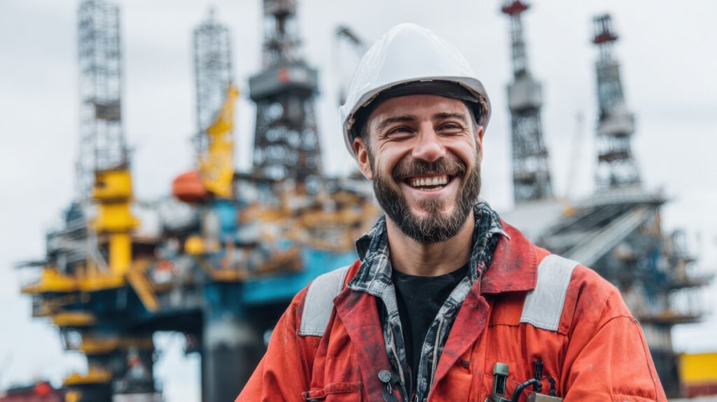Oilfield services worker standing in front of an offshore drilling rig