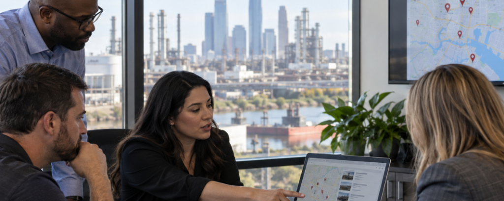 Marketing team reviews Houston local search visibility and industrial service locations on a laptop in an office overlooking an industrial area.
