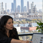 Marketing team reviews Houston local search visibility and industrial service locations on a laptop in an office overlooking an industrial area.