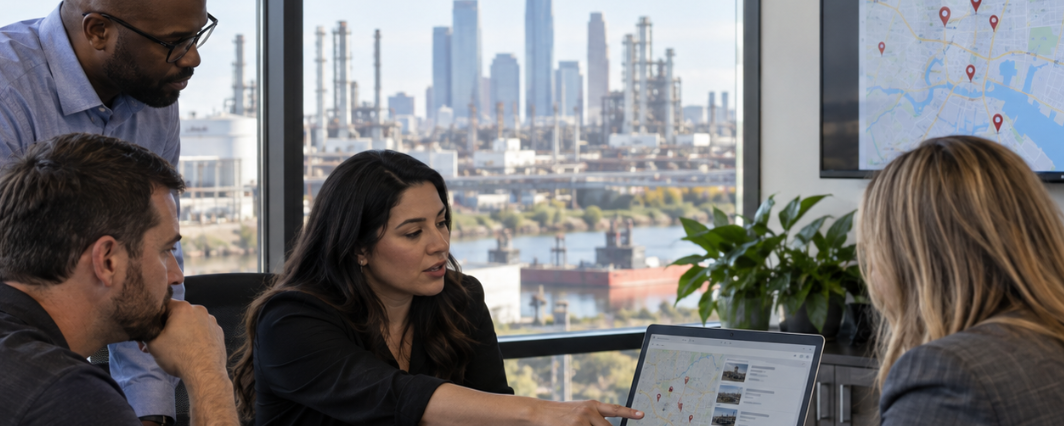Marketing team reviews Houston local search visibility and industrial service locations on a laptop in an office overlooking an industrial area.