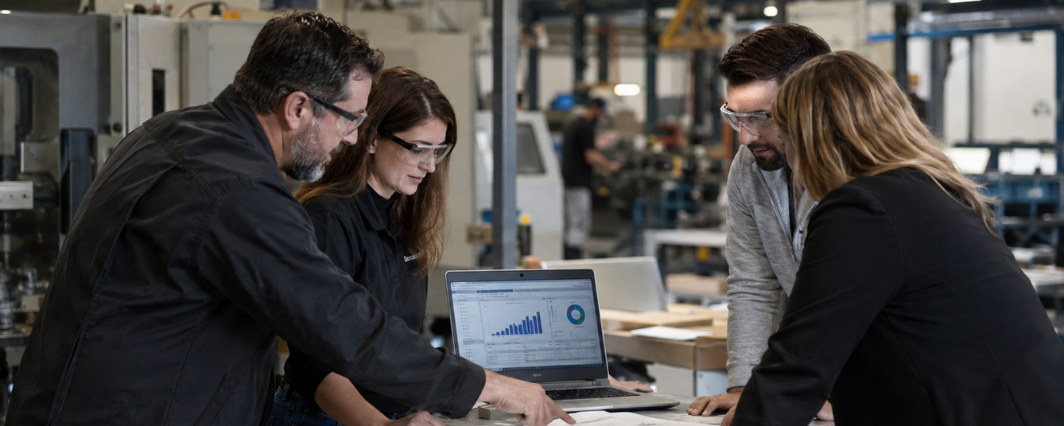 Manufacturing and marketing professionals review technical drawings and performance data together on a factory floor.